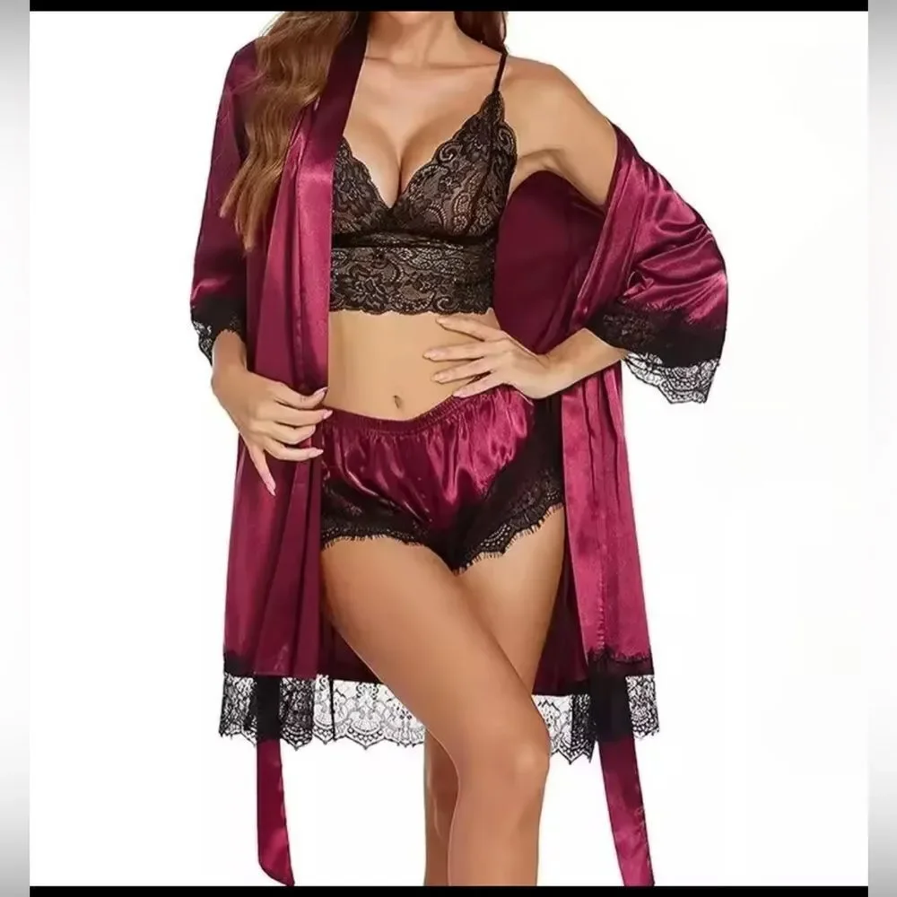 4 Pieces Set-  Woman Satin Lace Lingerie Set,Wine Red Nightwear